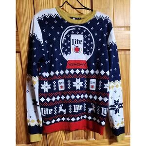 Miller Lite Ugly Christmas Sweater Men Holiday Fair Isle Snow Globe Beer Graphic